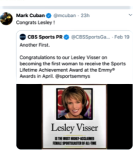 Mark Cuban tweets to his 7.7 million followers about Lesley's honor